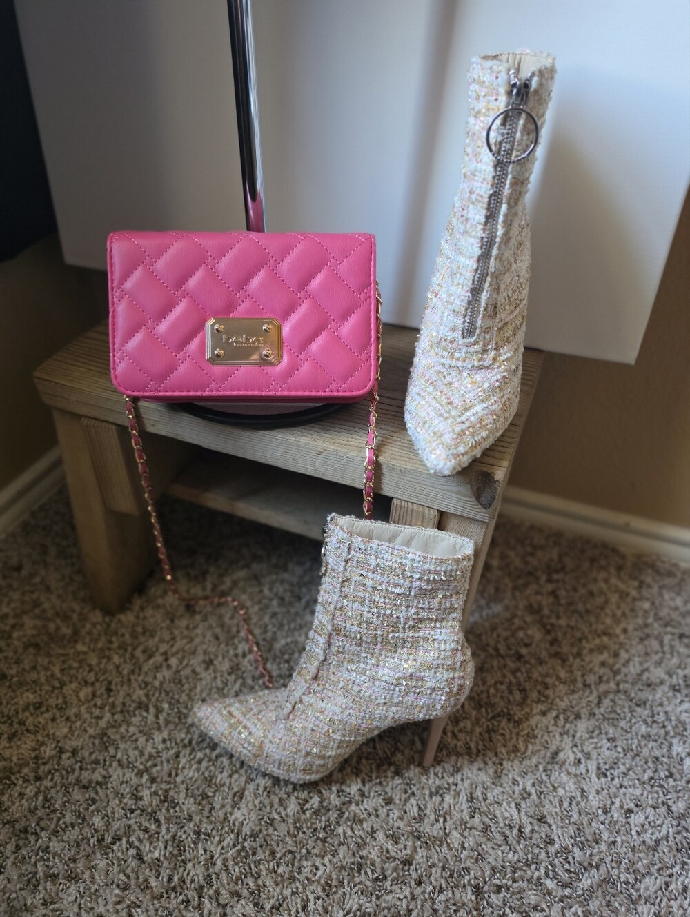 Bebe Quilted Barbie Pink Crossbody Bag with Gold Chain Strap NWT